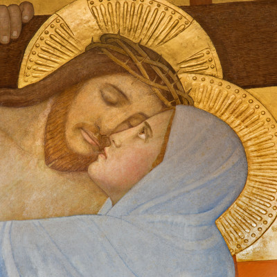 Vienna - Death Jesus and Mary - Carmelites church VIENNA, AUSTRIA - FEBRUARY 17, 2014: Detail from Deposition of the cross scene over st. John of the Cross side altar by P. Verkade (1927) in Carmelites church in Dobling.